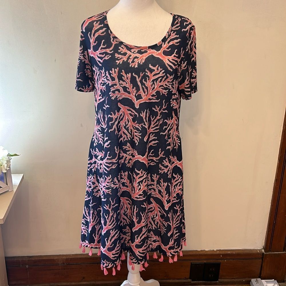 Simply Southern Naples navy pink short sleeve fringe dress Size S EUC
